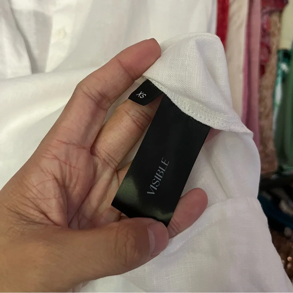 VISIBLE ART white linen mandarin collar button up long sleeve shirt‎